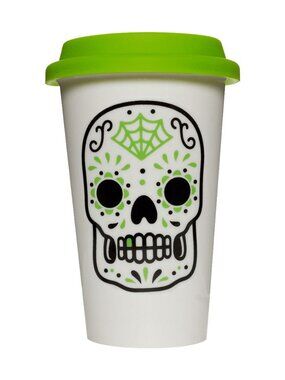 Green Sugar Skull Tumbler - Dia De Los Muertos Halloween Goth Porcelain Cup NWT